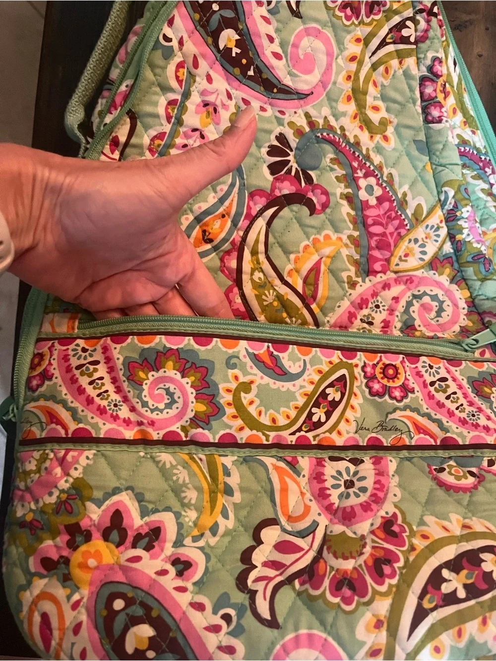 Vera Bradley Tutti Fruiti Quilted Paisley Sling Backpack in Pink, Green & Yellow